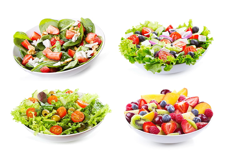 овощные и фруктовые салаты, салаты, разные блюда, овощи, HD обои