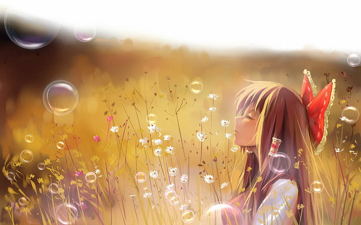 a luo, touhou, hakurei reimu, harmony, girl, field, grass, brown haired female anime 2d character, a luo, touhou, hakurei reimu, harmony, girl, field, grass, HD wallpaper