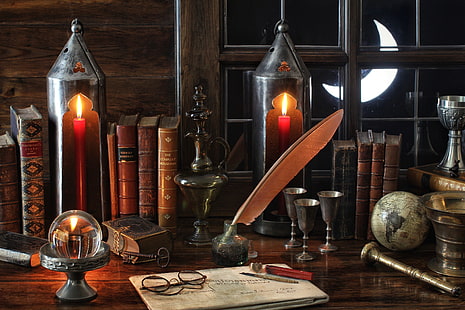 красные вотивные свечи, ручка, книги, месяц, окно, очки, фонари, натюрморт, глобус, винтаж, чашка, HD обои HD wallpaper