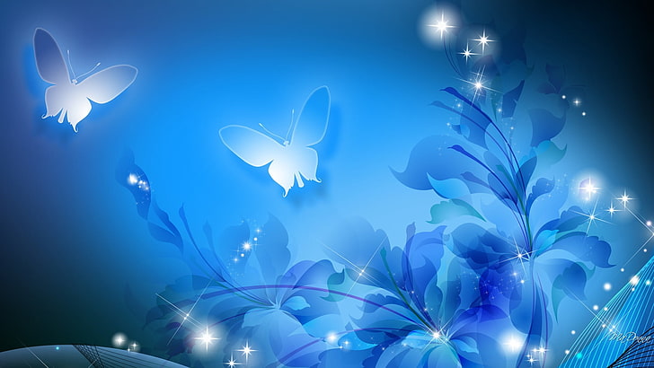 blue flower clipart, abstraction, collage, butterfly, plant, silhouette, HD wallpaper
