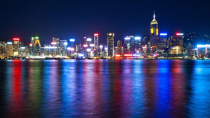 wieżowiec, miasto, Hongkong, noc, pejzaż miejski, Tapety HD