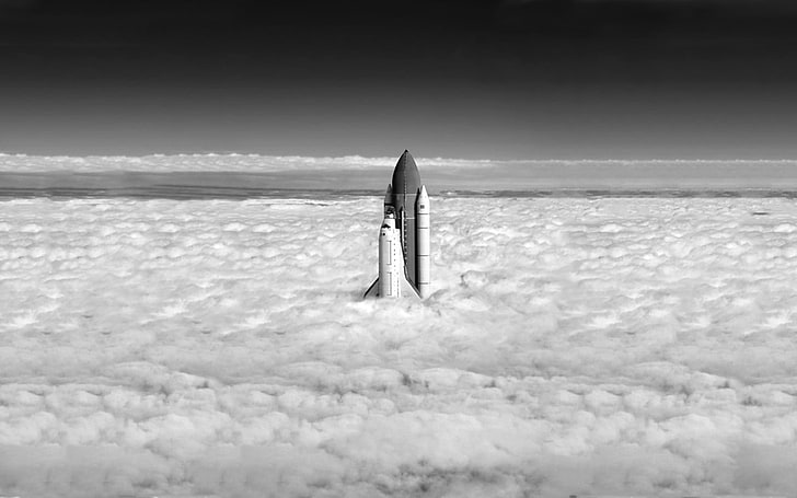 space shuttle, space shuttle, monochrome, vehicle, space, clouds, HD wallpaper