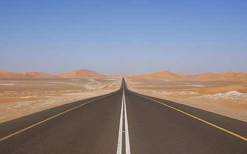 серая бетонная дорога, пустыня, дорога, разметка, HD обои HD wallpaper