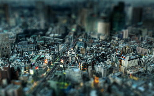 szare wieżowce, tilt shift, pejzaż miejski, fotografia, miasto, Japonia, Tokio, Tapety HD HD wallpaper
