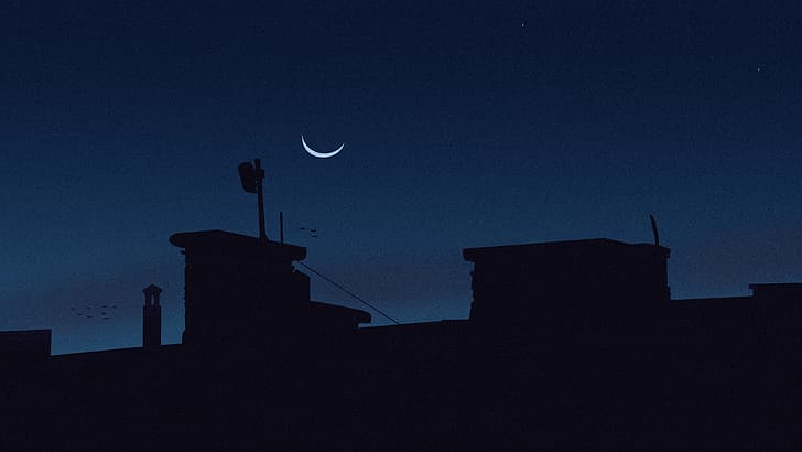 arte digital, LoFi, noche, luna creciente, silueta, oscuro, edificio, pacífico, Fondo de pantalla HD