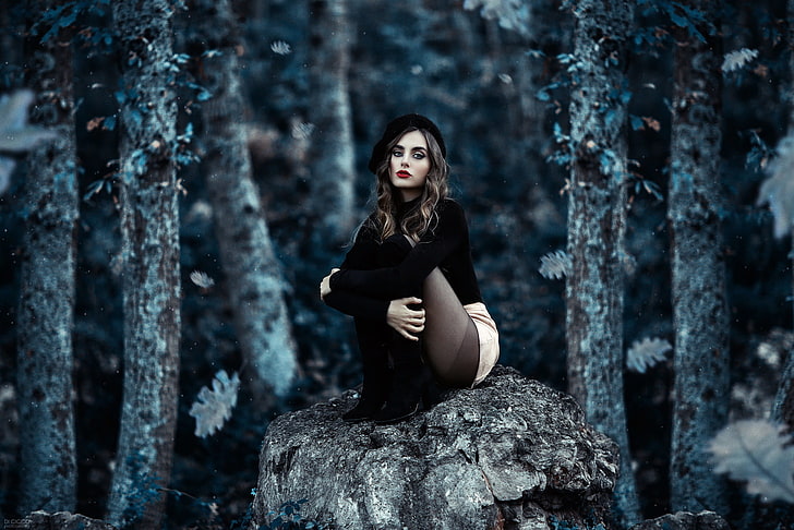 women, model, Alessandro Di Cicco, red lipstick, trees, sitting, rock, women outdoors, HD wallpaper