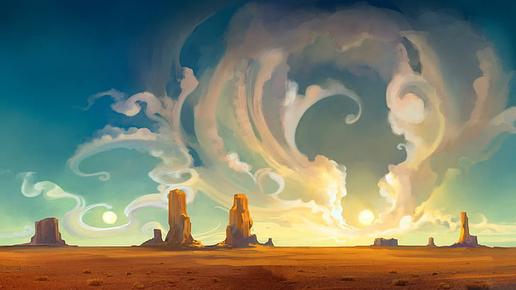 Storm in the desert, blue beige and yellow painting, fantasy, 1920x1080, sand, storm, desert, HD wallpaper