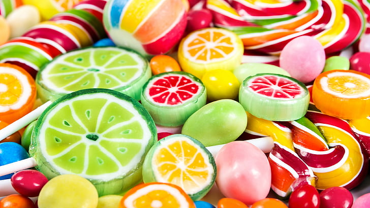różne pokrojone owoce cukierki, kolorowe, cukierki, 4k, 5k, tapeta na Androida, abstrakcyjne, Tapety HD