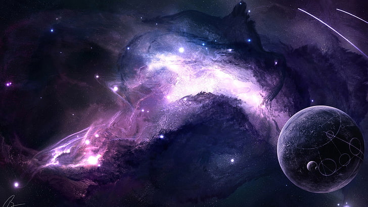 graue und lila Planeten Wallpaper, Weltraum, Planet, Mond, Galaxie, lila, Weltraumkunst, digitale Kunst, JoeyJazz, HD-Hintergrundbild