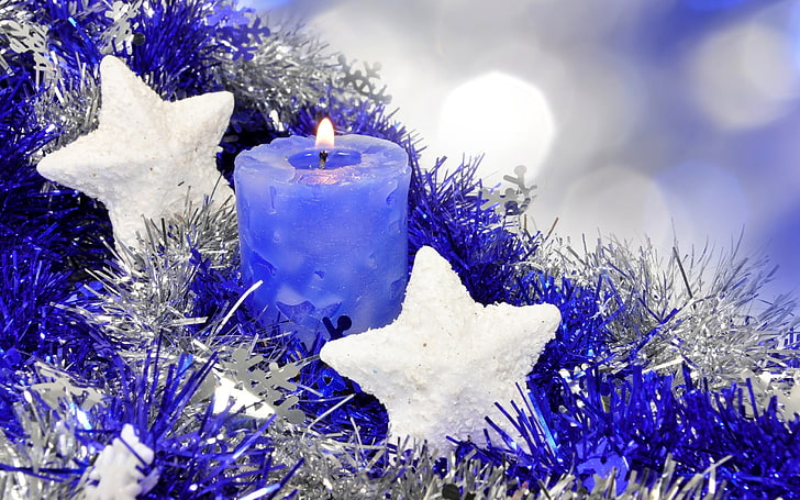 blue candle, stars, decoration, blue, holiday, star, new year, candle, tinsel, asterisk, happy new year, Christmas, HD wallpaper