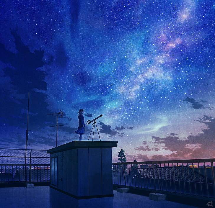 anime, cielo nocturno, cielo, estrellas, tejados, Fondo de pantalla HD