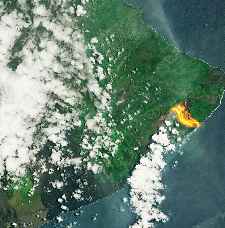 nature, landscape, aerial view, Hawaii, volcano, volcanic eruption, clouds, sea, eruption, lava, field, Kilauea, HD wallpaper