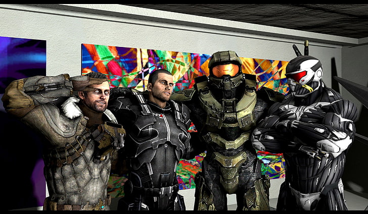 иллюстрация четырех солдат Ореола, Мастер Чиф, Crysis, Dead Space, Mass Effect, Halo, Командующий Шепард, Исаак Кларк, пророк, Источник Кинопроизводитель, Dead Space 3, HD обои