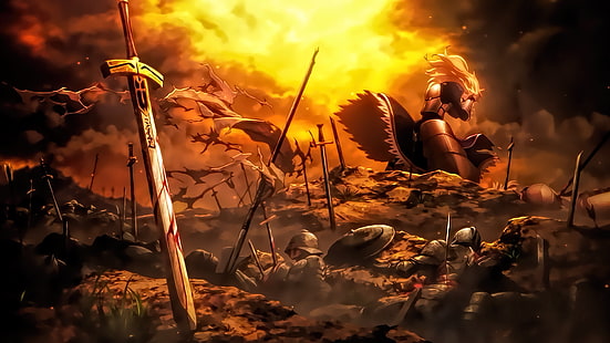 personnage animé entourant l'illustration des épées, Sabre, Fate / Stay Night: Unlimited Blade Works, Fond d'écran HD HD wallpaper