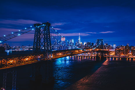 Бруклински мост, Ню Йорк, Ню Йорк, САЩ, нощен град, мост, HD тапет HD wallpaper