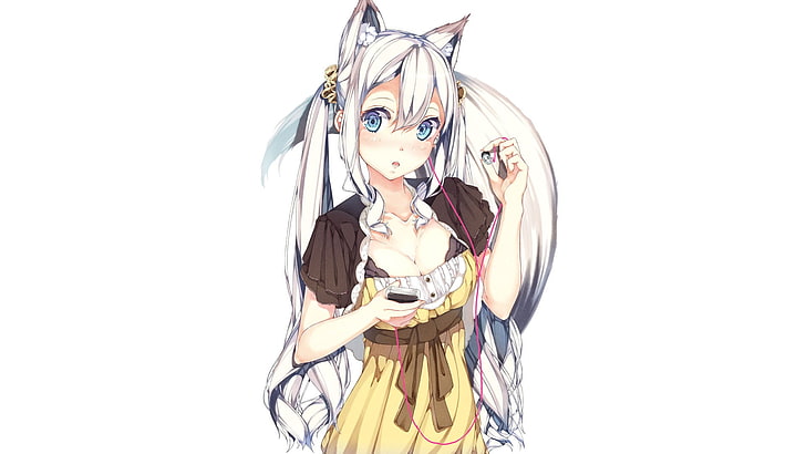 white-haired woman in brown and yellow dressed illustration, nekomimi, cleavage, white background, blue eyes, animal ears, white hair, original characters, long hair, bangs, blushing, dress, HD wallpaper