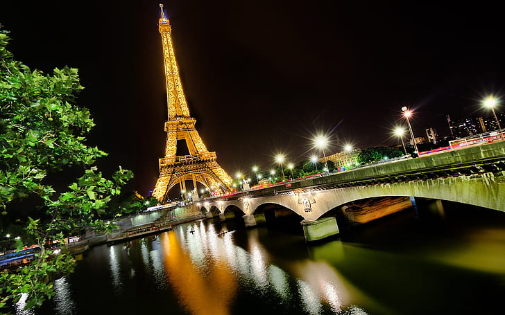 Нощен изглед Айфелова кула, Париж, Франция, река Сена, светлини, мост, Нощ, Изглед, Айфелова кула, Париж, Франция, Сена, река, светлини, мост, HD тапет