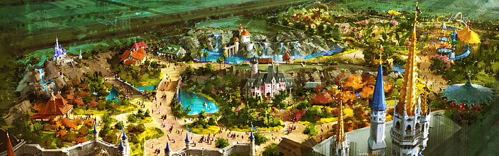 성 및 마을 그림, 판타지 아트, HD 배경 화면