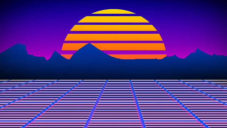 Neon Lazer Mohawk, 1980-е, ретро-игры, робот, сетка, цифровое искусство, закат, солнце, красочные, HD обои