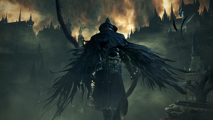 uomo con mantello nero che tiene carta da parati spada, uomo che indossa ala e cappotto nero sfondo 3D, Bloodborne, Sfondo HD