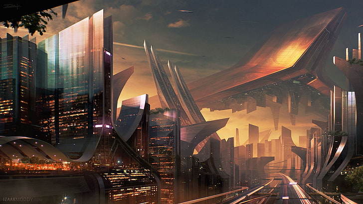 schwarzer und brauner Holztisch, Science Fiction, Stadt, futuristisch, HD-Hintergrundbild