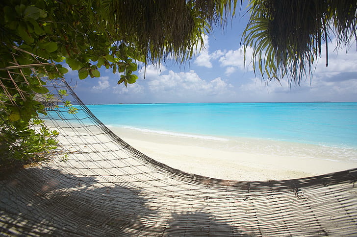Гамак на белом песчаном пляже, отдых, тропический, лагуна, гамак, белый, Таити, пляж, полинезия, песок, океан, бора-бора, синий, рай, HD обои