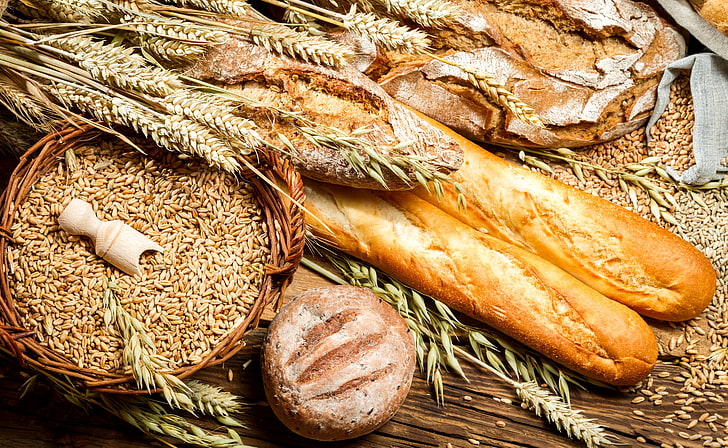pães e trigo cozidos, trigo, mesa, volta, cesta, grãos, espigas, pão, orelhas, bolos, sacos, pães, centeio, HD papel de parede