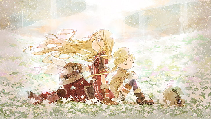 deux personnages d'anime aux cheveux jaunes, Riko (Made in Abyss), Made in Abyss, fleurs, Lyza (Made in Abyss), Fond d'écran HD