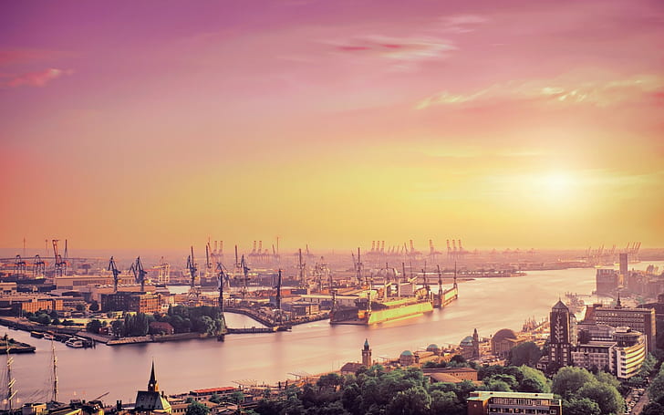 пристанища, река, Хамбург, Германия, слънчева светлина, HD тапет