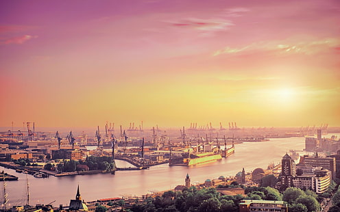 пристанища, река, Хамбург, Германия, слънчева светлина, HD тапет HD wallpaper