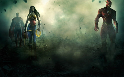 Илюстрация на Лигата на справедливостта, Жената чудо, Супермен, Светкавицата, Несправедливостта на Бог сред нас, HD тапет HD wallpaper