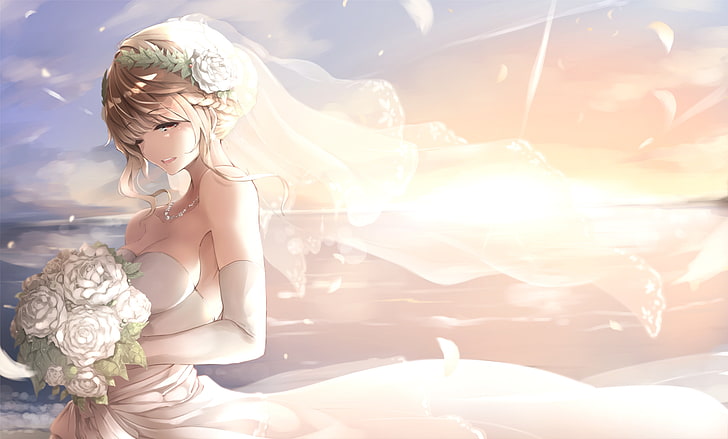 Originale Charaktere, Anime Girls, Blumen, Hochzeitskleid, orange Augen, Ellbogenhandschuhe, HD-Hintergrundbild