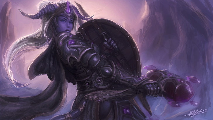 женщина в фиолетовых доспехах и щитах, паладин, рога, World of Warcraft, дренеи, видеоигры, HD обои