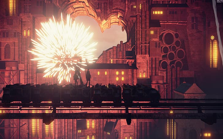 Nier: Automata, 2B (Nier: Automata), 9S (Nier: Automata), sea, ruins, dystopian, dystopic, futuristic, rollercoasters, roller coaster, love, heart, building, fireworks, lights, reflection, holes, sparkles, city, theme parks, black, warm light, warm colors, bound, HD wallpaper