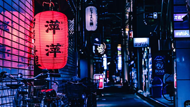 Japan, photography, midnight, night, street, shop, bycicle, red, blue, contrast, HD wallpaper