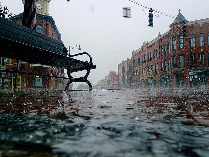 black wooden bench, Rainy day, main, intersection, wooden bench, Hamilton  New York, United States, Thiophene, Guy, WORKS, Olympus Tough TG-4, TG4, low, perspective, floor, ground, urban Scene, architecture, street, city, HD wallpaper