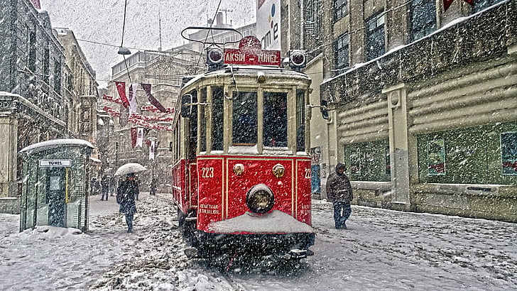 nieve, invierno, transporte, teleférico, árbol, Estambul, tranvía, congelación, Turquía, vehículo, calle, avenida istiklal, nevadas, nevado, Fondo de pantalla HD