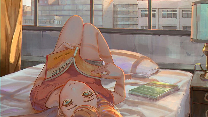 arte anime, menina anime, livro, cama, quarto, olhos verdes, mangaka, arte mangá, HD papel de parede