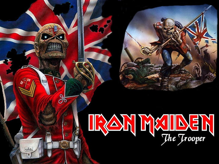 Cartel de Iron Maiden, Iron Maiden, heavy metal, británico, Trooper, música, Eddie, Union Jack, banda de metal, mascota de la banda, Fondo de pantalla HD