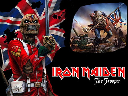 Plakat Iron Maiden, Iron Maiden, heavy metal, brytyjski, Trooper, muzyka, Eddie, Union Jack, zespół metalowy, maskotka zespołu, Tapety HD HD wallpaper