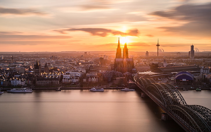 Cologne, köln, Jerman, matahari terbenam, Katedral Cologne, Rhein, Wallpaper HD