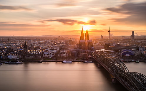 Cologne, köln, Allemagne, coucher de soleil, la cathédrale de Cologne, Rhein, Fond d'écran HD HD wallpaper