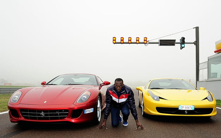 Usain Bolt, athlete, sprinter, race, cars, HD wallpaper