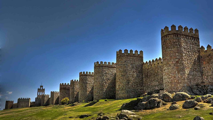 historic site, tourist attraction, middle ages, medieval architecture, history, avila, blue sky, fortification, spain, europe, HD wallpaper