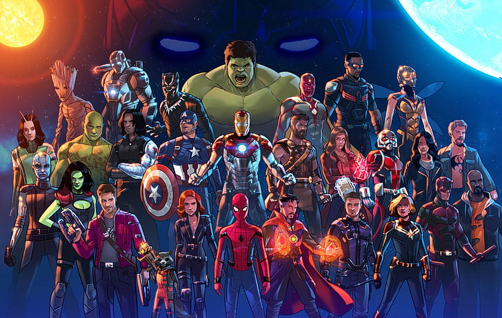 The Avengers, Black Panther, Dr. Strange, Guardians of the Galaxy, Ant-Man, fan art, Iron Man, Marvel Cinematic Universe, Jessica Jones, Hulk, Vision, Black Widow, Thor, Captain America, Spider-Man, Stephen Byrne, Scarlet Witch, HD wallpaper