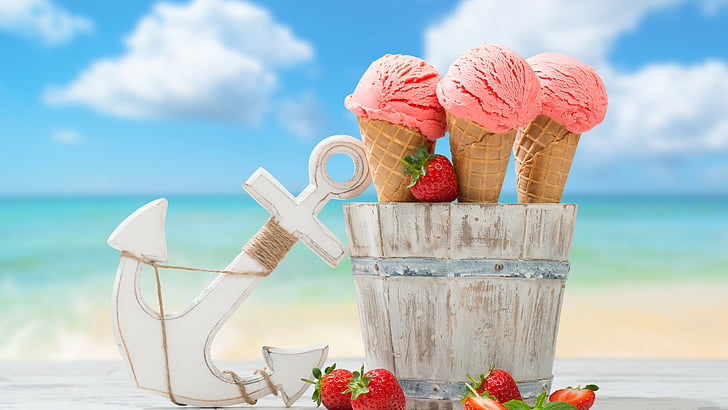 several ice cream with cones, ice cream, strawberry, anchor, delicious, 8k, HD wallpaper
