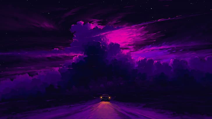 digital painting, driving, night, sky, clouds, car, BisBiswas, HD wallpaper