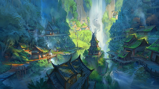 wallpaper pagoda, ilustrasi beberapa kuil, tebing, rumah, seni fantasi, desa, karya seni, alam, air terjun, 2016 (Tahun), hijau, Jeremy Fenske, Wallpaper HD HD wallpaper