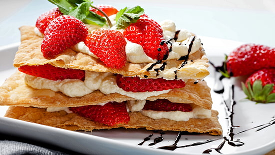 Food, dessert, snack, strawberry, pancake, cream, Food, Dessert, Snack, Strawberry, Pancake, Cream, HD wallpaper HD wallpaper
