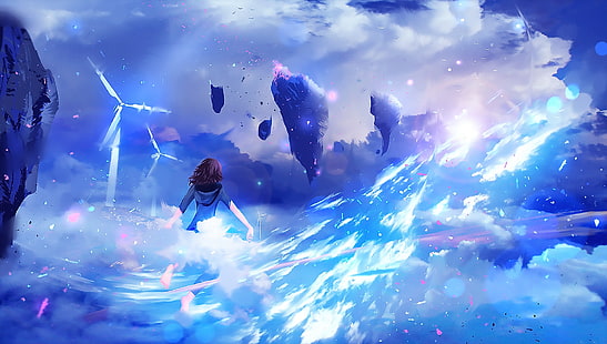 Anime, Original, Wolke, Fantasie, Fliegen, Magie, Sonnenschein, Windkraftanlage, HD-Hintergrundbild HD wallpaper